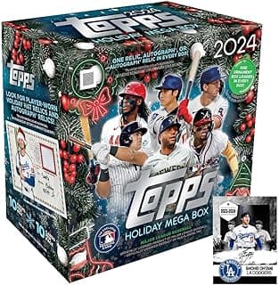 New 2024 Topps Baseball Sealed HOLIDAY MEGA BOX (100 Cards) - ONE AUTOGRAPH, RELIC or AUTO RELIC. Card per Box - Plus Novelty Shohei Ohtani Card image
