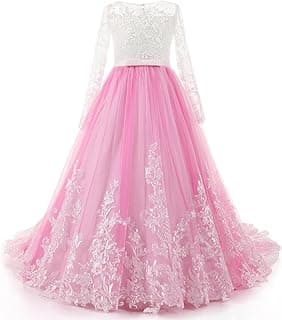 Kids Princess Dress Fancy Embroidery Dress Up Lace Long Sleeve Petite Tail Flower Girl Puff Dress for Girls Cosplay,Pink,6—7 image