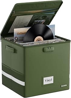 DocSafe Vinyl Record Storage Box with Lock, Fireproof＆Water Resistant Record Organizer for 100+ Single Records(12-inch), Collapsible Storage Crate with Lid&Handles for Valuable Album Collection,Green