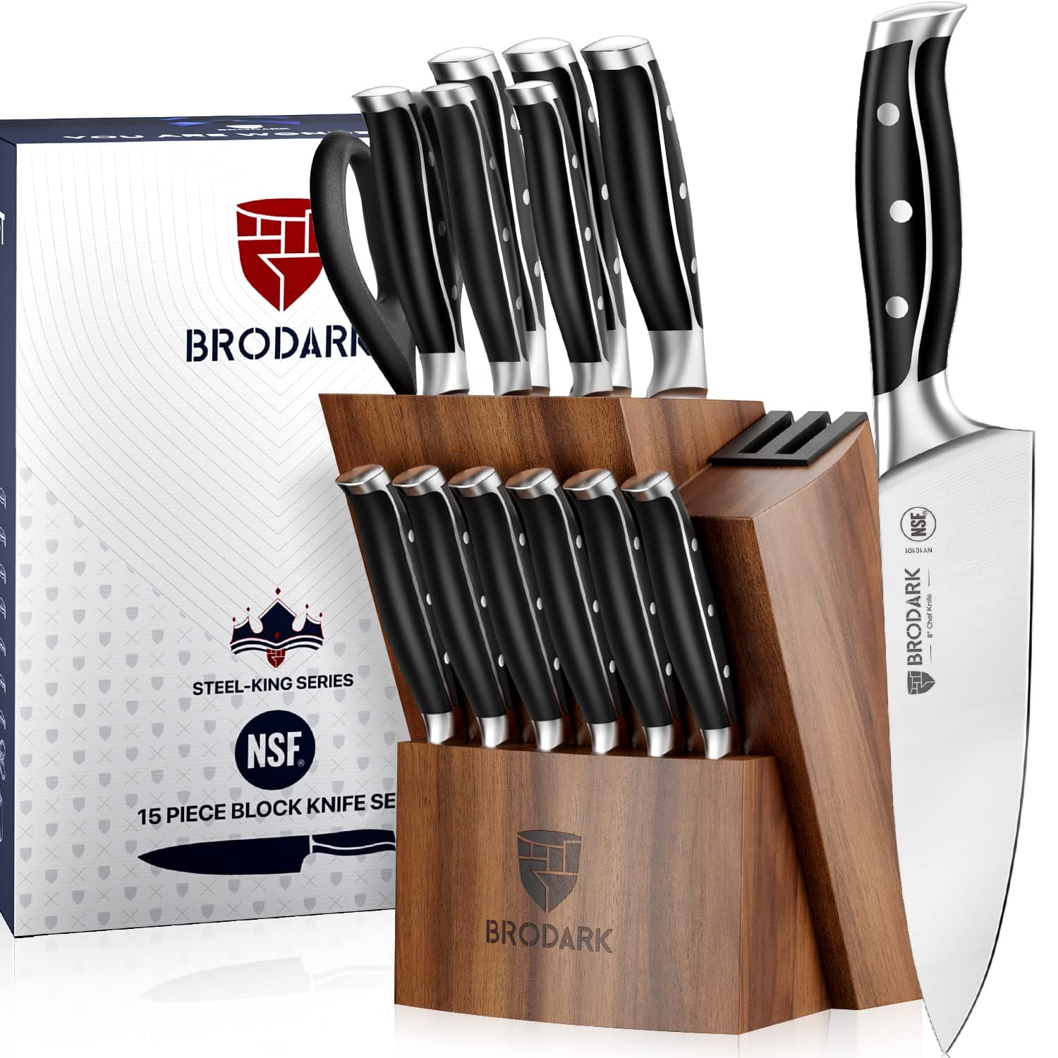Kitchen Knife Set with Block, Full Tang 15 Pcs Professional Chef Knife Set with Knife Sharpener, Food Grade German Stainless Steel Knife Block Set, Steel-king Series for Fathers Day
