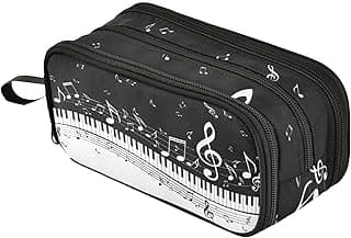 Fustylead Trendy Black White Art Piano Keys Musical Large Pencil Pen Case Stationery Bag, 3 Compartments School College Office Desk Organizer Storage Pouch Marker for Teen Boys Girls Students image