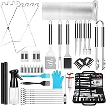 57PCS BBQ Grill Tools Set with Meat Thermometer, Stainless Steel Fork, Knife, Spatula, Tongs, Skewers, Cleaning Brush & Garbage Bag Holder, Complete Grill Accessories Set for Barbecue, Camping