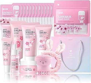 Skin Care Set Sakura Women Beauty Gift Sets Korean Skin Care Kit- Cleanser,Serum,Face Cream,Toner,Eye Cream,Mud Mask-Skin Care Routine Kit (One Size, Cherry Blossom-StyleB-Luxury Moisturizing) image