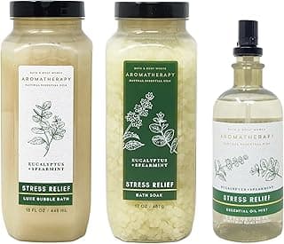Bath & Body Works Aromatherapy Stress Relief Eucalyptus + Spearmint 3 Piece Gift Set - Bath Soak - Luxe Bubble Bath - Essential Oil Mist - Full Size image