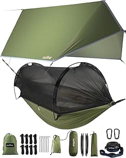 Camping Hammock with Net and Hammock Tent Rain Fly Bundle - Perfect for Hiking, Backpacking, Outdoor Sleeping and Camping Survival image