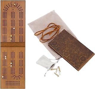 Travel Cribbage Board Game 3 Tracks Leather & Solid Bambo-Wood Pocket Sized Tiny Card Game Board