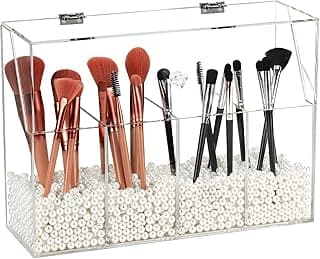 Acrylic Makeup Organizer, Clear Cosmetic Brush Storage Box With 4 Brush Holders,Makeup Brush Holder with Dust Cover, Large-capacity Split Design Can Quickly Organize the Desktop（No pearls） image