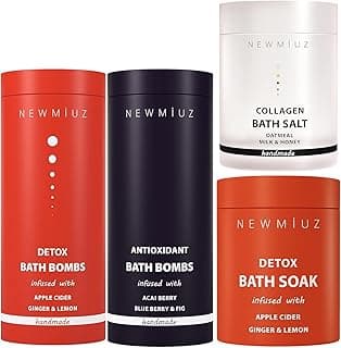 Bath Salt and Fizzing Bath Bombs Gift Set Pack of 4 - Collagen Magnesium Epsom Salt Vitamin C Orange Ginger Lemon Essential Oils image