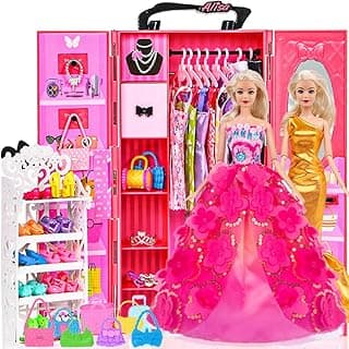 ebuddy 105 Pcs Doll Closet Wardrobe Set - Including Wardrobe, Shoes Rack, Dress, Shoes Hangers, Necklace(No Doll)