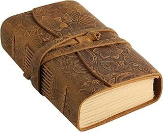 Leather Journal Writing Notebook for Women Men Unlined Paper 400 Kraft Pages, 7 X 5 inches, Vintage Journal Leather Bound Daily Notepad, Brown,Carving image