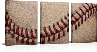 Artsbay 3 Pieces Canvas Print Baseball Wall Art Set Close Up Details of Baseball Stitching Sports Modern Retro Rustic Artwork for Men Kids Teenagers Boys Bedroom Decor Home Baseball Club Decoration image