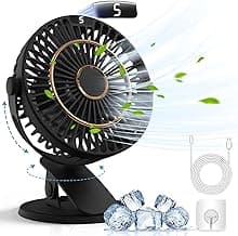 5 Speeds Clip on Fan Rechargeable - Mini USB Portable Desk Fan with Clip, LED Display Powerful Silent Table Fan, 720°Flexible Rotation for Bed, Home, Stroller, Sport, Camping (Black) image