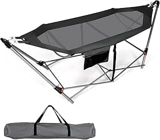 Giantex Portable Folding Hammock, Lounge Camping Bed with Hammock Stand, Indoor & Outdoor Hammocks w/Side Pocket, Anti-tip Buckles & Iron Stand for Camping Outdoor Patio Yard Beach (Grey)