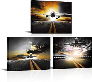 KREATIVE ARTS 3 Pieces Airplane Taking Off Canvas Wall Art - Retro Style Aircraft & Sunset Prints, Modern Home and Office Decor, Framed & Ready to Hang Each Panel 12x16'' image