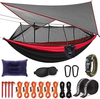 Hammock with Net and Rain Fly - Portable Double Hammock with Bug Net and Tent Tarp Heavy Duty Tree Strap for Travel Camping Backpacking Hiking Outdoor Activities,Red image