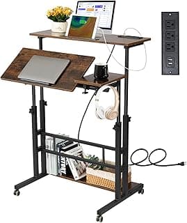 Hadulcet Mobile Standing Desk with Charging Station, Stand Up Laptop Desk Mobile Workstation for Home Office Classroom with Wheels, 31.49 x 23.6 in Rustic Brown image