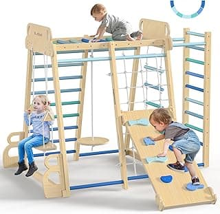 Upgraded Indoor Playground 9-in-1 Jungle Gym Kids Climbing Toys, Montessori Philosophy Waldorf Style Wooden Climber Playset with Slide, Swing, Monkey Bars, Upright/Rope Ladder, Climb Net, Blue image