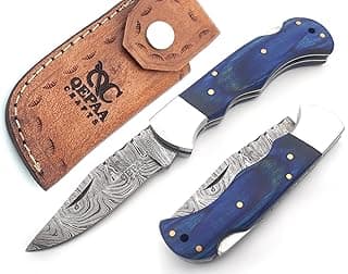 6.5" Handmade Damascus Hunting Knife-Pocket Knife for Men Folding Knife with Sheath for Outdoor, Camping,Fishing, Hiking-Gift for Husband, Boyfriend,(Blue Pakka) image