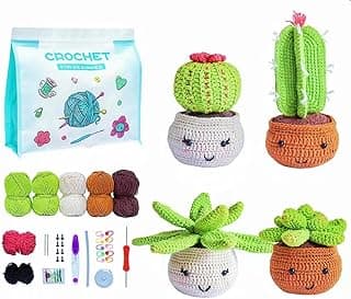 BUNYUM Crochet Kit for Beginners with Step-by-Step Video Tutorials-Knitting & Crochet Supplies for Adults with Crochet Yarn-Knitting kit Succulent-DIY Craft Art（4 Pack Plants Family）