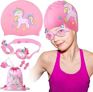 Swim Cap with Swimming Goggles and Storage Bag, Silicone Waterproof Swimming and Bathing Caps for Long and Short Hair with Ear Plug and Nose Clip (Unicorn) image