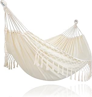 SUNCREAT Portable Camping Hammock for Outside, Heavy Duty 2 Person Hammock Bed for Tree, Beige with Tassels