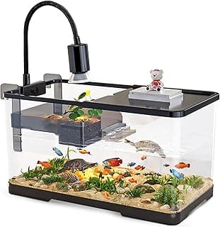 (Tank + Light + Filter Balls) Turtle Tank Kit, Turtle Tank Starter Kit,Bottom Drainage, Multi-Function Areas for Turtles, Crabs,Fishes, Amphibians,Reptiles. (15.75 x 8.64 x 8.64 Inch)