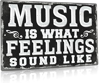 Metal Vintage Music Sign, Retro Wall Decor for Coffee Bar, Man Cave, Garage, 12x8 Inches Aluminum Sign (Music Is What Feelings Sound Like) image