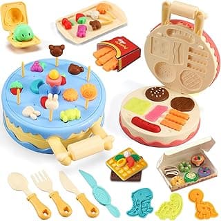 Color Dough Set Birthday Cake Color Dough Kitchen Creations Hamburger Maker Tools Kit for Kids Ages 4-8, Birthday Party Pretend Toys Gift,42 Pieces, with Candles and Dino Cookies image