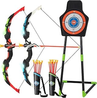 Kids Bow and Arrow Set, 2 Pack Archery Set with 2 LED Light Up Bow, 20 Suction Cup Arrows, Standing Target & Arrow Case, Toddler Youth Play Archery Target Set, Recurve Bows for Indoor/Outdoor, B