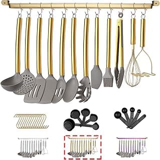 38 Piece Silicone kitchen Cooking Utensils Set with Utensil Rack, Silicone Head and Stainless Steel Handle Cookware, Kitchen Tools for Utensil Sets, Non-Stick kitchen Gadgets, Dishwasher Safe (Gold)