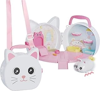 Portable Cat House Toy Playset - Simulated Pet Care with Bath Set, Feeding Set & Electronic Cat | Travel Toy with Handle & Crossbody Strap | Gift for Kids & Toddlers Ages 3-8+