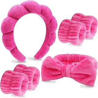 VELSCRUN 6 Pack Makeup and Skincare Headbands - Rose Pink Sponge Hair Bands, Bow Tie Wristbands for Face Washing, Women's Hair Accessories image