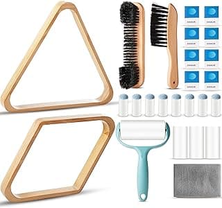 ShinyRelief 22 Set Pool Table Brush Set Wooden Billiard Ball Rack 8 Ball Triangle / 9 Ball Diamond for 2-1/4" Pool Balls with Polish Cloth Sticky Lint Roller Pool Cue Chalk Cube Accessories image
