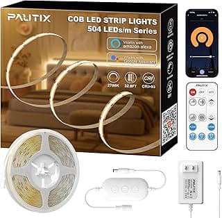 PAUTIX COB LED Strip Light Warm White 2700K 504LEDs/m,CRI90+ 32.8ft/10m Dimmable 24V LED Tape Lights Kit,Work with Alexa/Google Assistant,for Under Cabinet Bedroom Kitchen DIY Lighting image