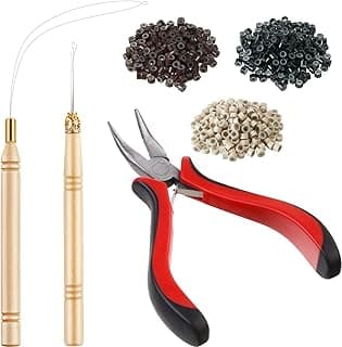 Hair Extension Kit Pliers Pulling Hook Needle Bead Device Tool Kits and 600 Pieces Silicone Lined Micro Rings (Black, Blonde and Brown Beads) image