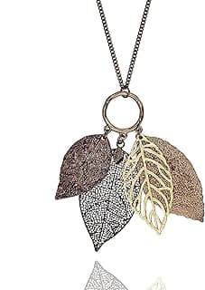 Gold Silver Two Tone Filigree Fall Leaf Pendant Long Necklace Chic Sweater Chain Statement Necklace for Women image