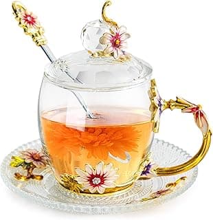 Vintage Glass Tea Cup and Saucer Set with Lid and Spoon, Enamel Daisy Flower Coffee Mug with Decorative Handle, Elegant Tea Sets for Women, 330ml/11oz image