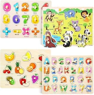 GRINNNIE Wooden Peg Puzzle for Toddlers 2 3 4 Years Old, 4 PCS Montessori Educational Learning Puzzles Set-Numbers, Letters, Animals and Fruits, Great Preschool Gifts for Girls and Boys image