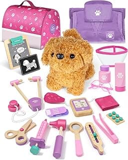 Lehoo Castle Toys for 3 4 Years Old Girls, Vet Play Sets, Wooden Doctor Kit for Toddlers 3-5 Pink, Pretend Play Dr Kits with Puppy, Dog Bag, Medical Accessories