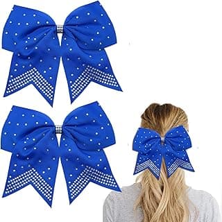Large Cheer Hair bows with Rhinestones,Cheerleading Bow with Ponytail Holder Elastic Band for Cheerleaders Teen Girls College Sports (Blue)