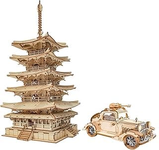 ROBOTIME 3D Puzzle Wooden Craft Kits DIY Model Kit Five-Storied Pagoda & Vintage Car image