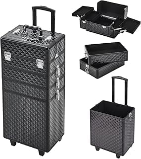 Qivange 4 in 1 Aluminum Professional Makeup Trolley Vanity Case for Artists Beautician Extra Large Travel Jewellery Box Train Case w/ 2 Wheels (Black)
