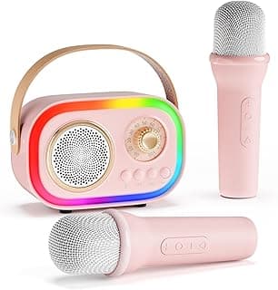 Mini Karaoke Machine for Kids with 2 Wireless Microphones, Portable Bluetooth Speaker, Birthday Gifts New Year Gifts Toys for Girls Toddler Teens Ages 3-14+ Years Old(Pink) image