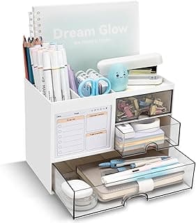 Desk Organizer with 3 Drawer, Multi-Functional Pencil Pen Holder for Desk, Desk Organizers and Storage with 8 Compartments, Desktop Organizer for Office Home Art Supplies (White) image