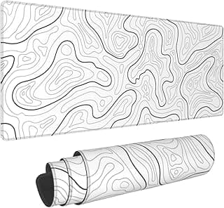 Abstract Topographic Map White Grey Black Gaming Mouse Pad Long Mouse Pad Large Desk Mat 31.5 X 11.8 Inch Mousepad with Non-Slip Base Stitched Edge Keyboard Mat for Gaming Office image