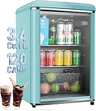 3.4 Cu.Ft Retro Small Beverage Refrigerator Cooler with Double Tempered Glass Door, 120 Can Wine Drink Beer Mini Fridge for Office Bedroom Bar with 7 Temperatures, Adjustable Shelves, Blue image