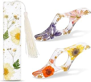 Book Lover Gifts, 2 Pcs Thumb Book Page Holder Dried Flower Resin Book Page Holder and 1 Pcs Bookmark with Tassel, Christmas Gifts Stocking Stuffers for Women Kids image
