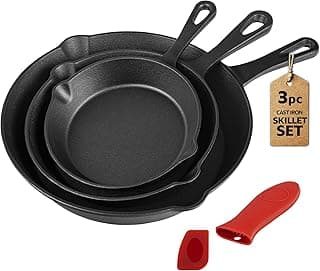 Cast Iron Skillet 3-Piece Set - Professional Pre-Seasoned Heavy-Duty Pan Cookware - 10 Inch, 8 Inch, 6 Inch Pans with Scraper & Handle Sleeve for Frying, Sautéing, Cooking, Baking
