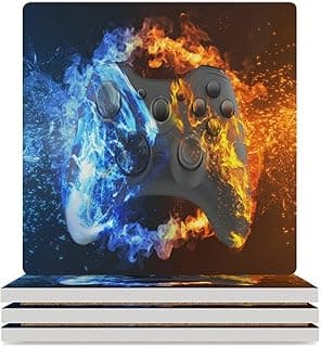 Gamer Drink Coasters, Square Ceramic Drink Coaster Square-4PCS, Gamepad Cool Flame Game Controller Gaming Gamer Decor Absorbent Ceramic Coasters for Beverage Cup, Bar, Coffee Table image