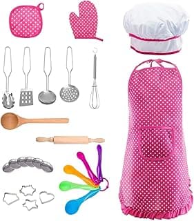 Kids Cooking and Baking Chef Set - 24 Pcs Includes Apron, Chef Hat, Oven Mitt, Pot Holders, Rolling Pin, Spoon, Cookie Cutters & Baking Utensil for Little Girls Age 3+ Years Old Kids Toys image